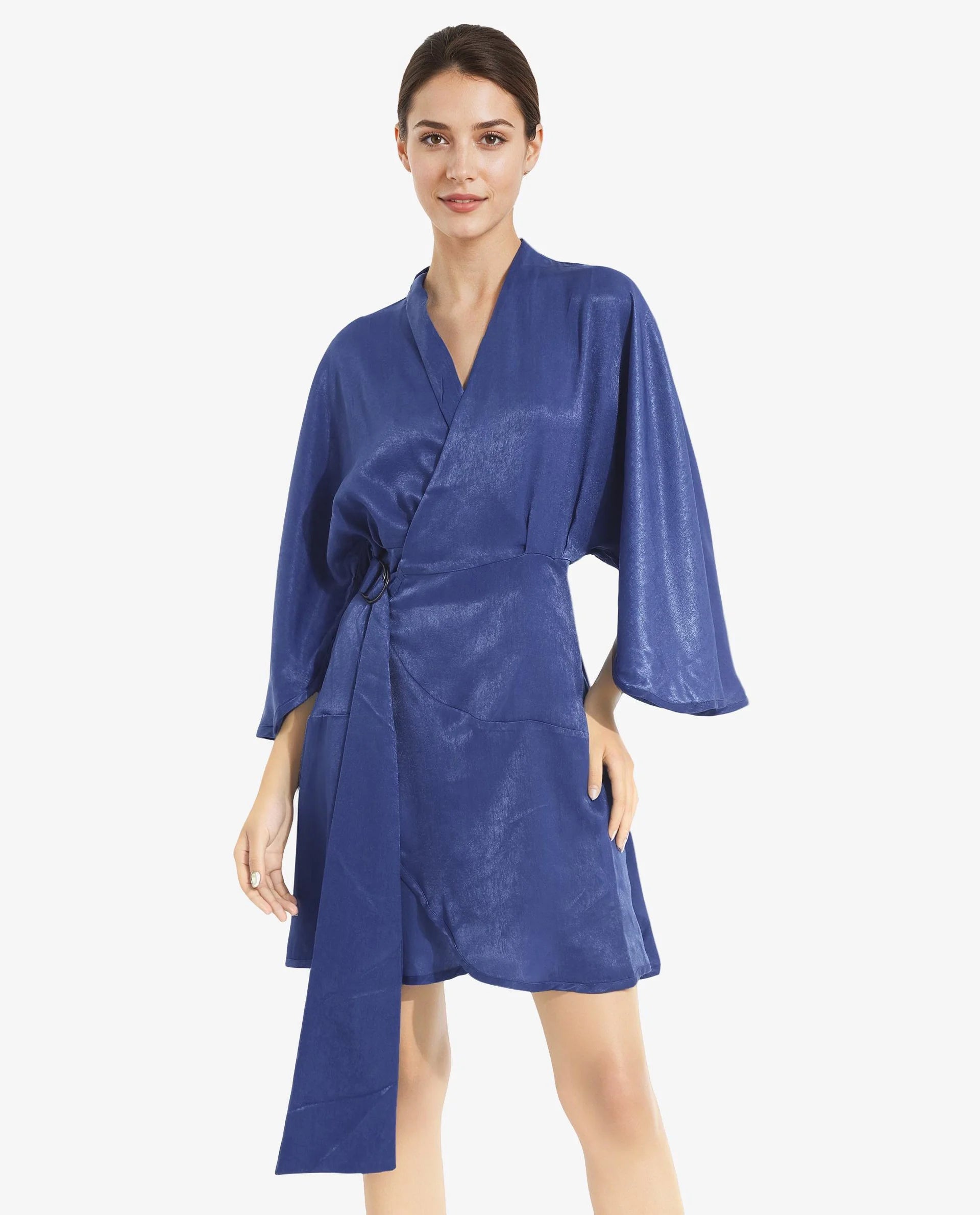 Rareism Women Alapeno Blue Bell Sleeves Over Lap Neck Fit And Flare Plain Mini Dress Minimalist mini dresses