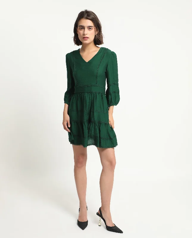 Rareism Women Alexa Dark Green Viscose Fabric 3/4Th Sleeves V-Neck Balloon Sleeve Regular Fit Plain Mini A-Line Dress Best mini dresses for date night