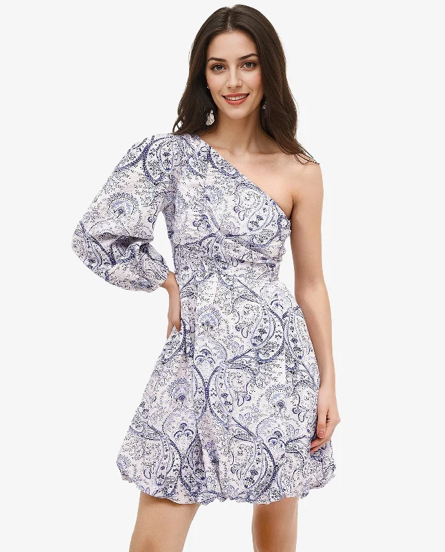 Rareism Women Carmeno Light Blue Bishop Sleeve One Shoulder Zipper Fit And Flare Paisley Print Mini Dress Anniversary mini dresses