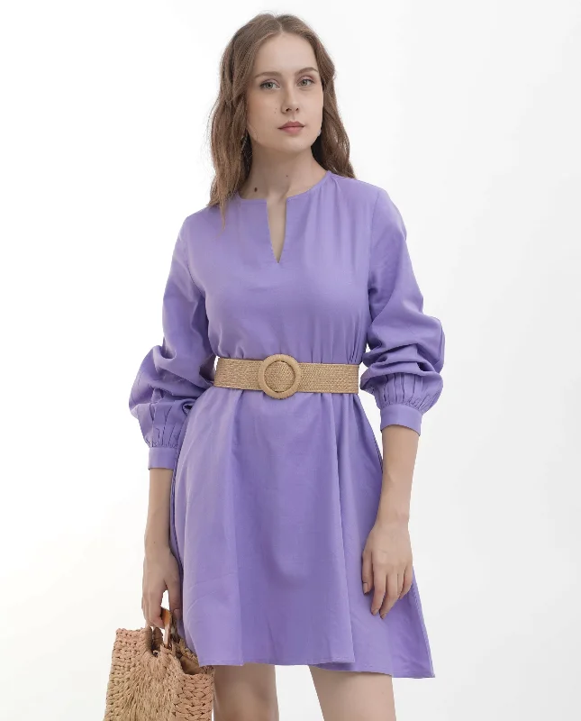 Rareism Women Choho Pastel Purple Cotton Fabric Regular Sleeves V-Neck Solid Regular Length Dress Cotton mini dresses