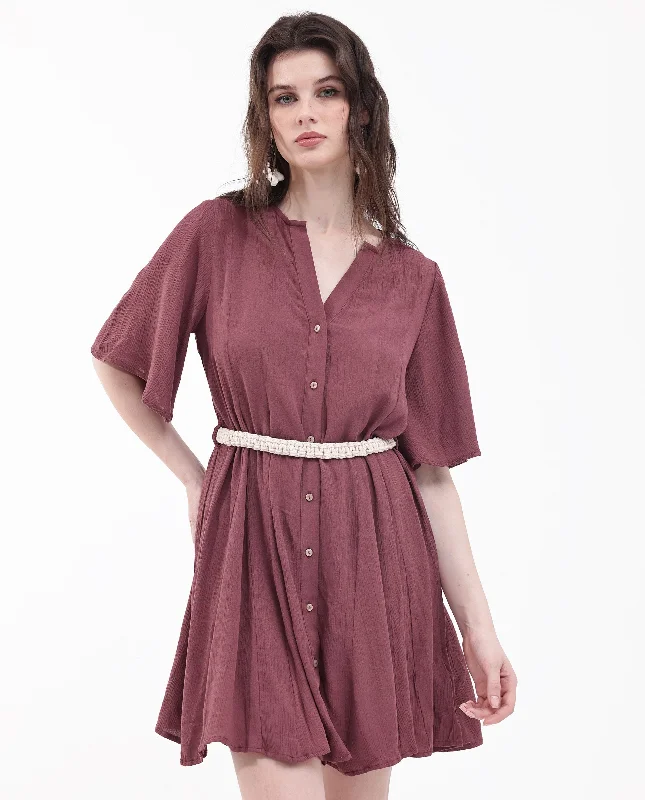 Rareism Women Gildmore Maroon Rayon Fabric Regular Sleeves V-Neck Solid Regular Length Dress Stretchy mini dresses