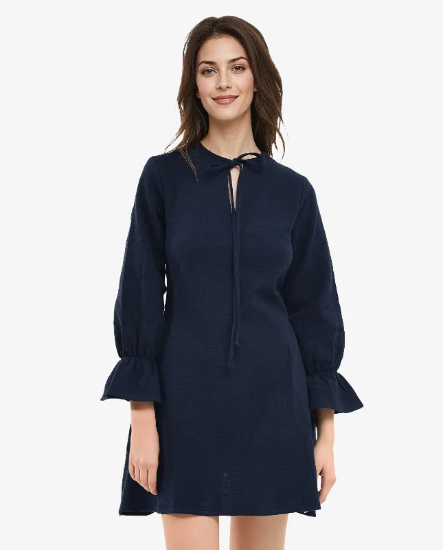 Rareism Women Oberon Navy Cotton Fabric 3/4Th Sleeve Tie-Up Neck Solid Regular Fit Dress Y2K mini dresses