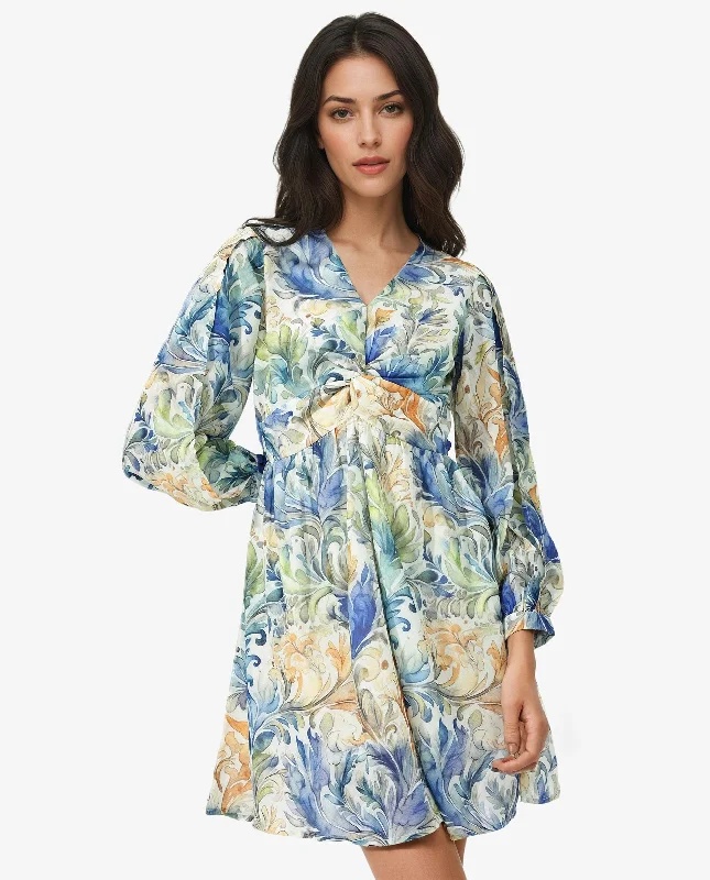 Rareism Women Paistley Multi Polyester Fabric Regular Sleeves V-Neck Floral Print Regular Length Dress Club mini dresses