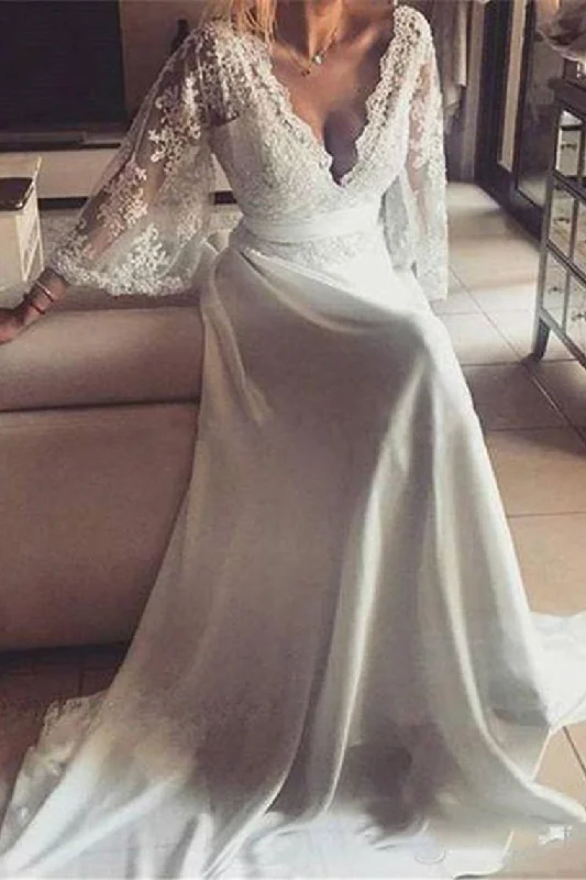 Chiffon 3/4 Length Sleeves Wedding Dresses V Neck Open Back With Applique Sparkling Bridal Gown