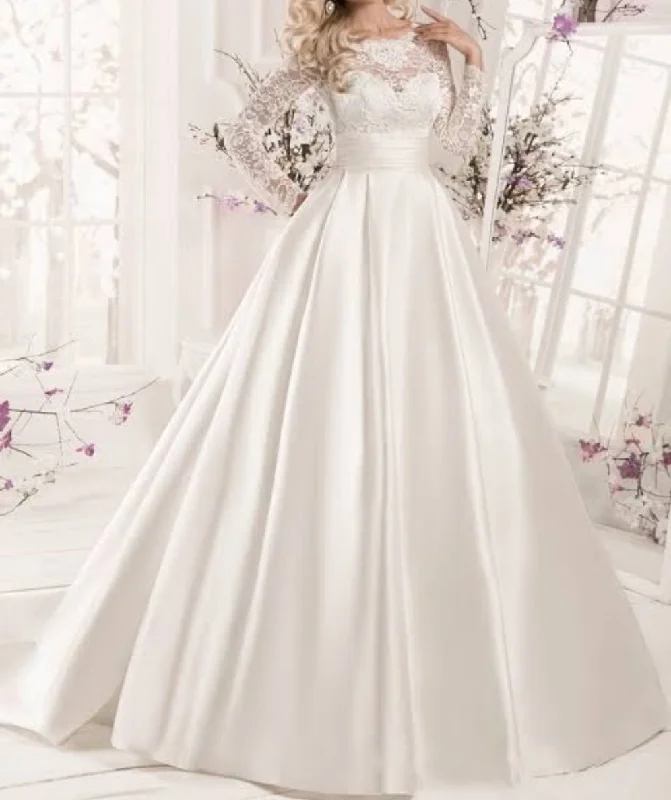 Satin and Lace Wedding Dresses Long Sleeves Floor Length Bridal Gowns Lace Wedding Gown