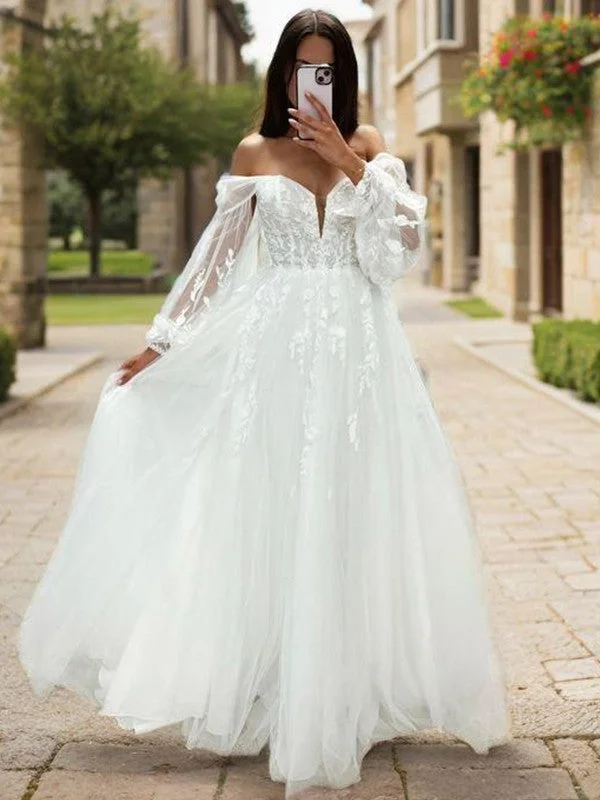 A-shaped off shoulder long sleeved applique lace and ground sheer tight fitting corset wedding dress Satin Bridal Gown