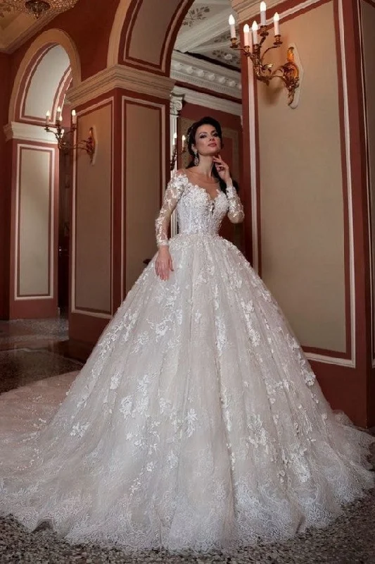 Attractive Long Sleeve Bateau Beaded Train Wedding Dress with A-Line Lace Appliques Princess Wedding Dress