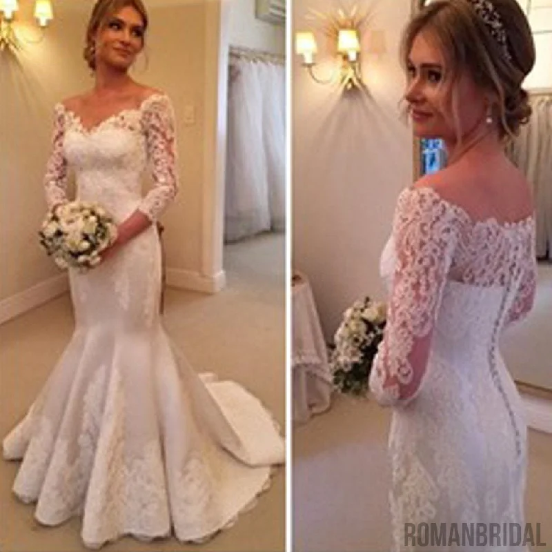 Charming Off Shoulder Long Sleeve Mermaid White Satin Lace Wedding Dresses, WD0206 Wedding Dress Long