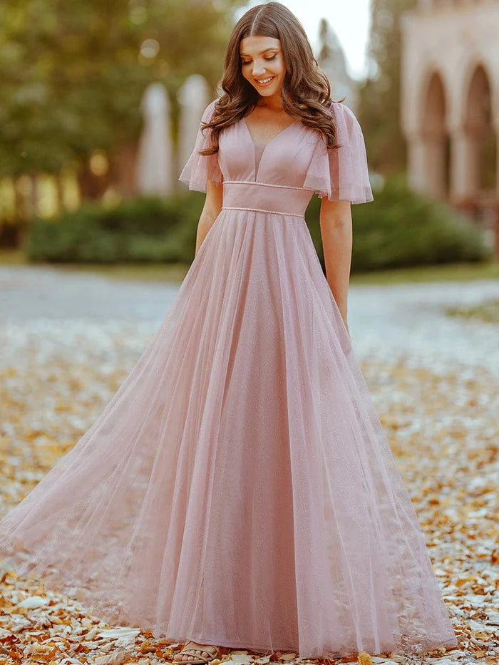 Cute Deep V Neck A-Line Tulle Long Wedding Guest Dress Satin Wedding Dress