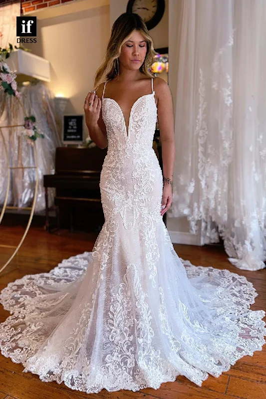 31520 - Illusion Spaghetti Straps V-Neck Tulle Appliques Trumpet Wedding Dress Modern Bridal Gown