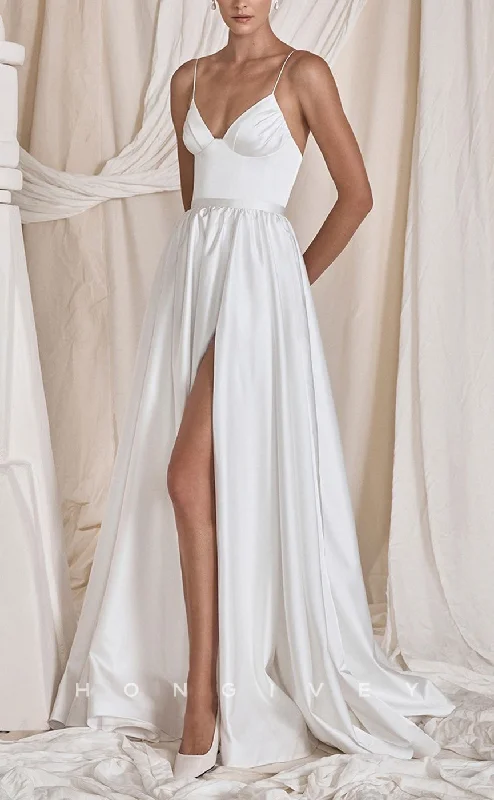 H1571 - Sexy Satin A-Line V-Neck Spaghetti Straps Empire Ruched With Side Slit Train Wedding Dress Wedding Dress Set