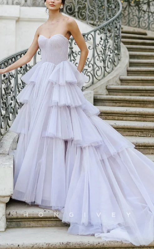 H1573 - Sexy Tulle A-Line Sweetheart Strapless Empire Tiered Sleeveless With Tulle Train Wedding Dress Beautiful Lace Gown