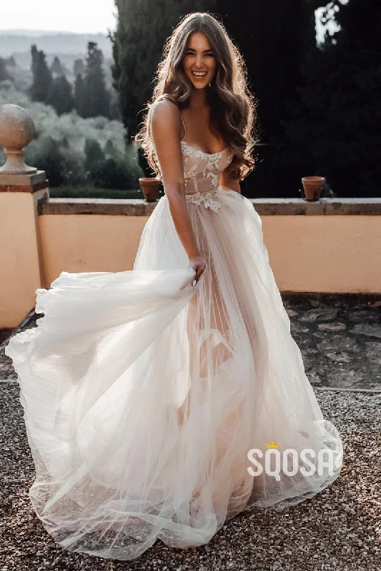 Spaghetti Straps Scoop Tulle Appliques Bohemian Wedding Dress QW2657 Simple Satin Gown