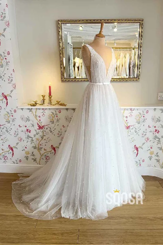 A Line Sexy V neck Pearls Elegant Wedding Dress QW2691 Classic Satin Gown