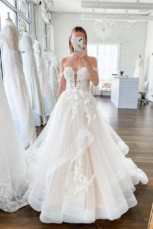 Fairy A Line Off the Shoulder Tulle Wedding Dresses with Lace Silk Wedding Gown