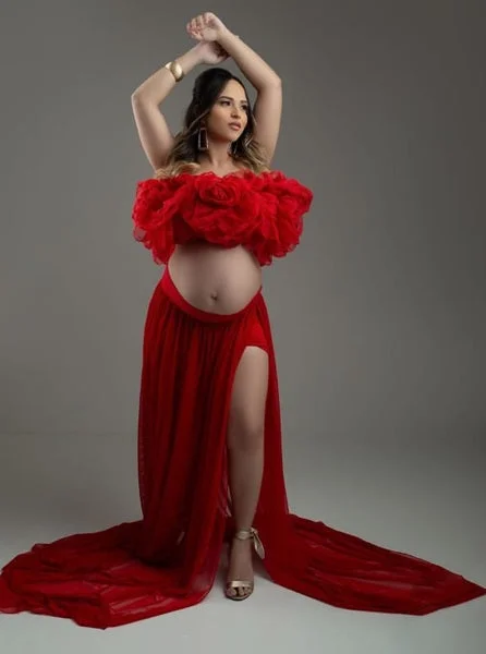 G3039, Red Trail Maternity Gown, Size (All) pp Off-shoulder Gown