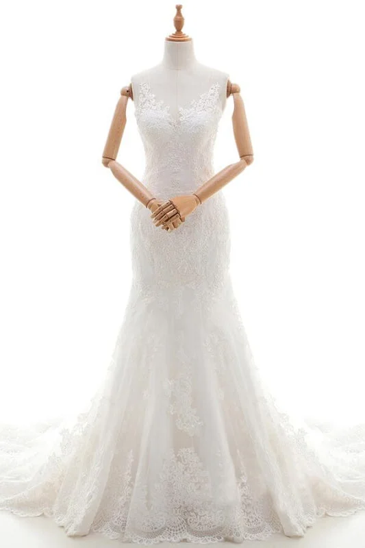 Graceful Appliques Tulle Mermaid Wedding Dress Strapless Bridal Dress