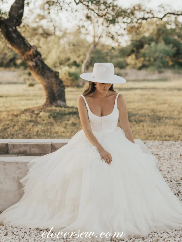 Ivory Pleating Tulle Soft Satin Scoop Neck Puffy Wedding Dresses, CW0283 Classic Lace Gown