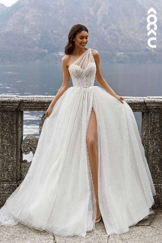 K1940 - Classic & Timeless One Shoulder Sleeveless Side Slit A-line Wedding Dress Short Wedding Gown