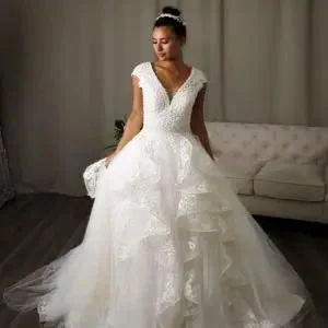 Lucille: V-neck Lace Ball Gown Bridal Dress Romantic Satin Dress