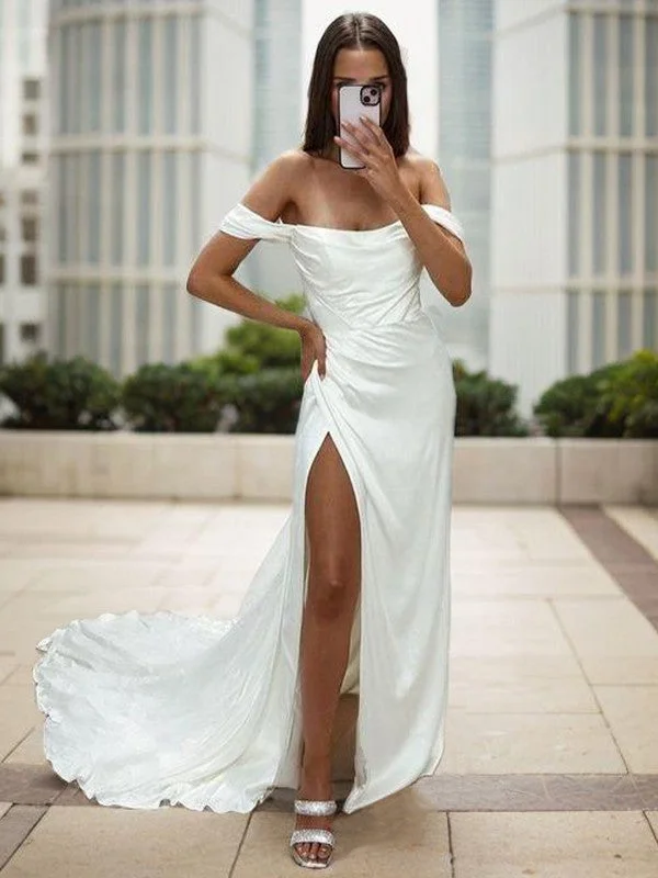 Off shoulder pleated church drag  woven satin wedding dress Full Length Gown