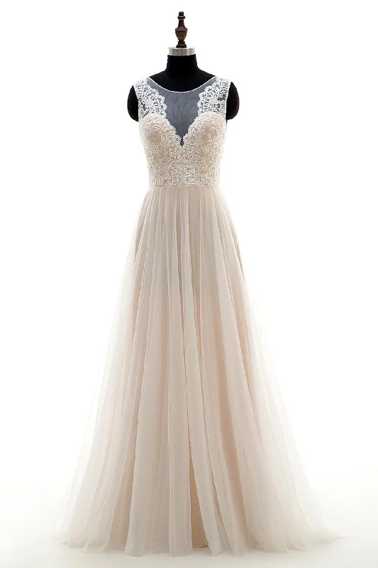 A-Line Sweep-Brush Train Tulle and Lace Wedding Dress LD3569 Tiered Wedding Dress