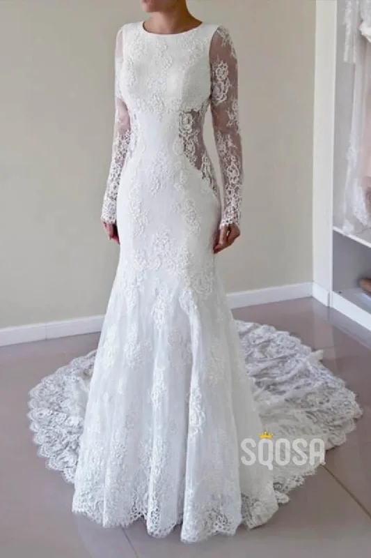 Sheath/Coulmn Wedding Dress Illusion Lace Long Sleeves Bridal Gowns Backless QW2081 Strapless Wedding Gown