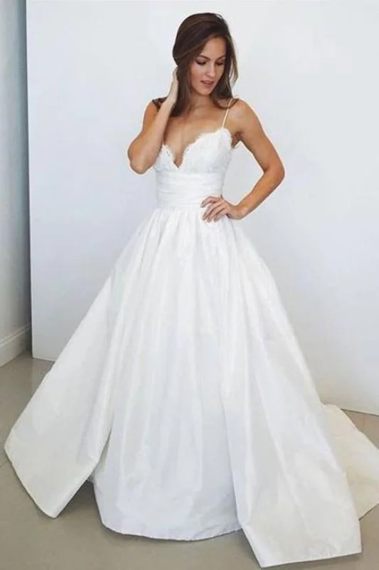 Spaghetti Straps White V Neck Sleeveless Satin Beach Wedding Dress Sleek Wedding Dress