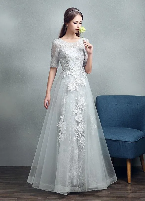 Summer Wedding Dresses 2021 Grey Lace Applique Maxi Bridal Gown Backless Half Sleeve Floor Length Bridal Dress Sexy Satin Gown