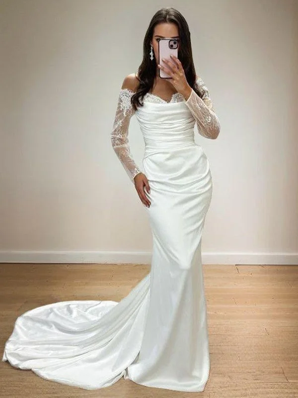 Tight Off Shoulder Long Sleeve Applique Lace Court Trail  Woven Satin Wedding Dress Modern Wedding Gown