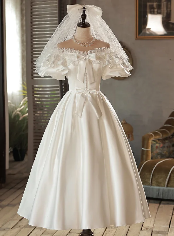 White Satin Lace Puff Sleeve Bow Wedding Dress Beaded Lace Wedding