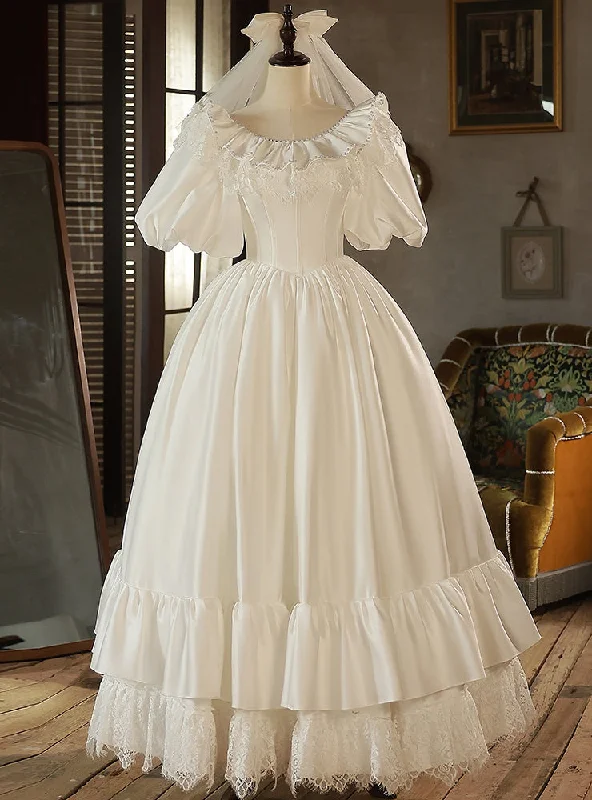 White Satin Lace Puff Sleeve Pearls Wedding Dress Chic Lace Dress