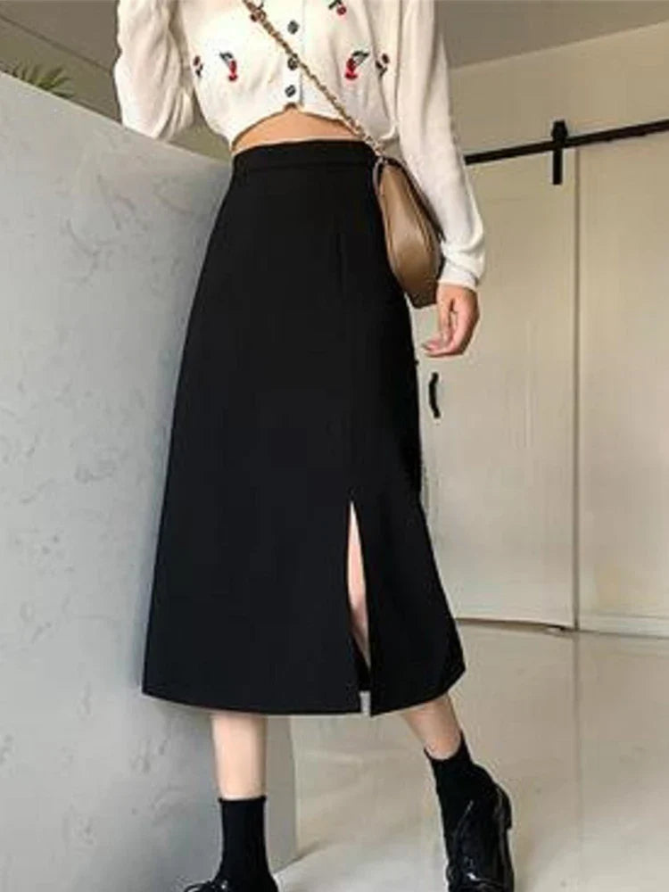 Black Mid-calf College A-line High Waist Streetwear Female Skirt Earthy tone unclassified skirts