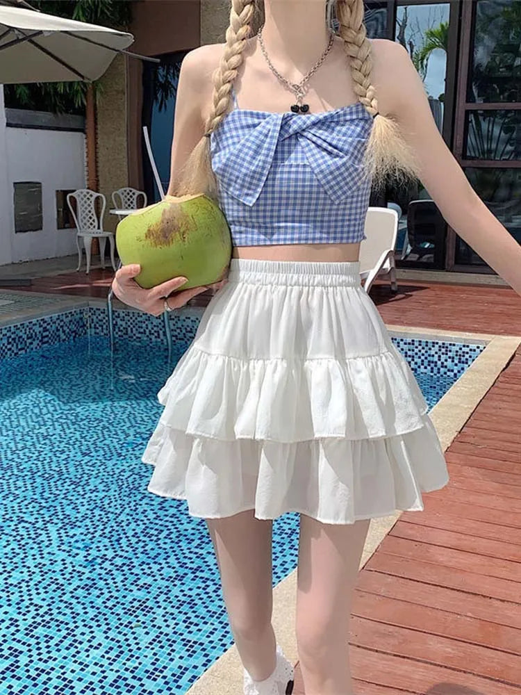 Pleated A-line White Ruffles Sweet Elastic Waist Summer Skirt Floral unclassified skirts