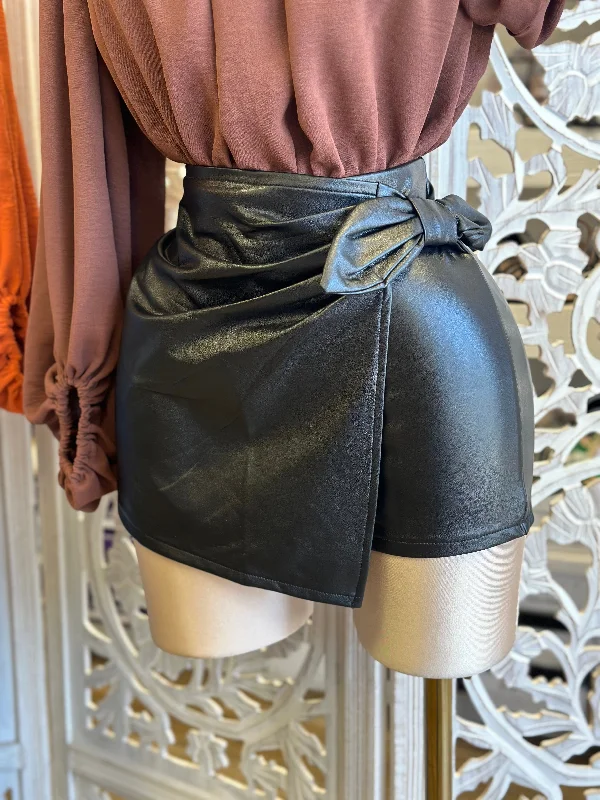 Faux Leather Wrapped Skort- Estira, Stretchy Y2K unclassified skirts