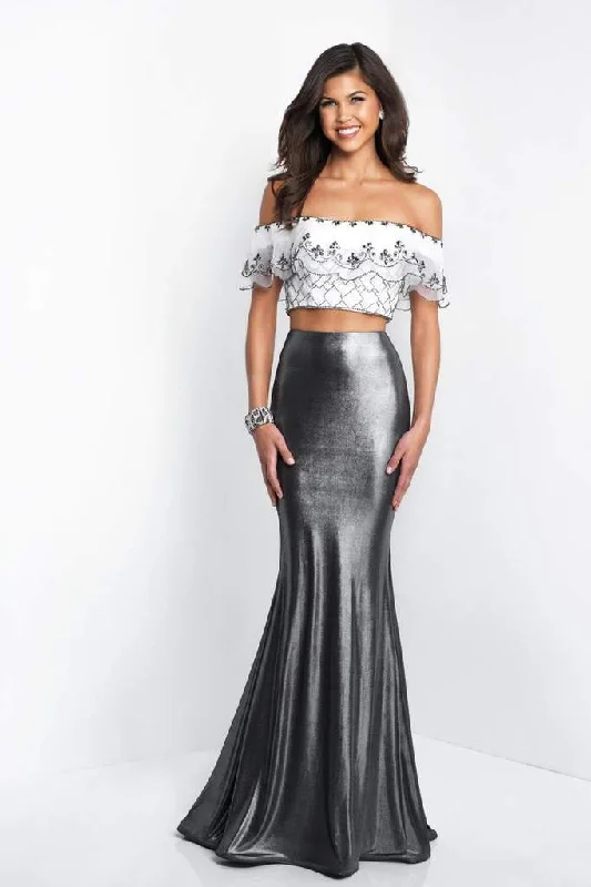 Blush  - 11558 Two-Piece Ruffled Off-Shoulder Metallic Shimmer Mermaid Gown - 1 pc Off White/Gunmetal In Size 6 Available Cheap party dresses