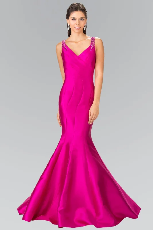 Elizabeth K GL2212 Sculpted V-Neck Mikado Trumpet Gown in Magenta Flowy party dresses