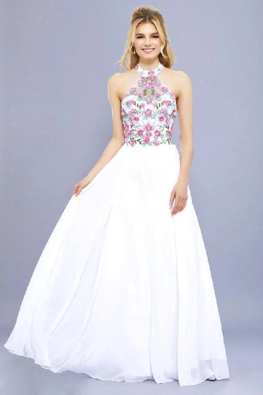 Nox Anabel 8326 Floral Illusion Halter Chiffon Gown - 1 pc White in size S Available Preppy party dresses