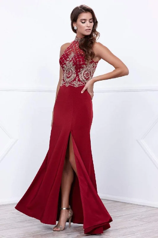 Nox Anabel Halter Illusion Long Gown with Slit in Burgundy 8319 Y2K party dresses