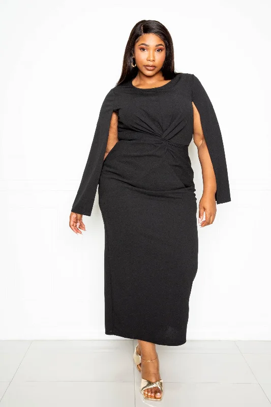 Plus Black Cape Sleeve Knot-Front Maxi Dress Casual maxi dresses