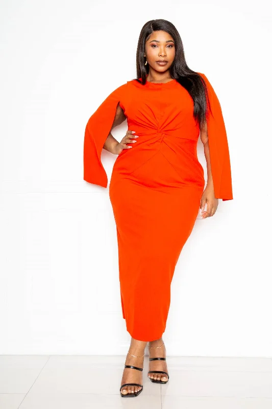 Plus Neon Orange Cape Sleeve Knot-Front Maxi Dress Elegant maxi dresses