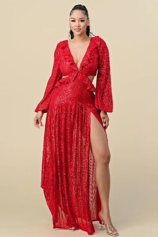 Long Deep V Neck Sequins Long Sleeve Maxi Dress Ruffled maxi dresses