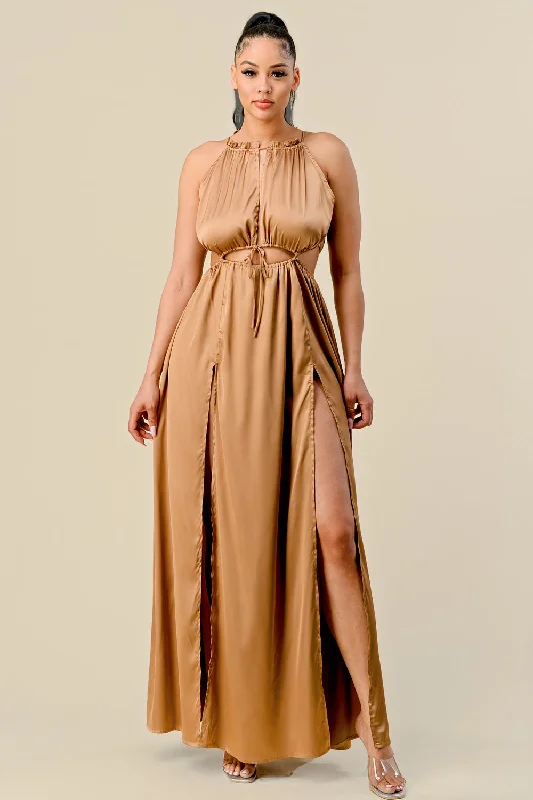 Long Front Cutout Tie Slit Maxi Dress Summer party maxi dresses