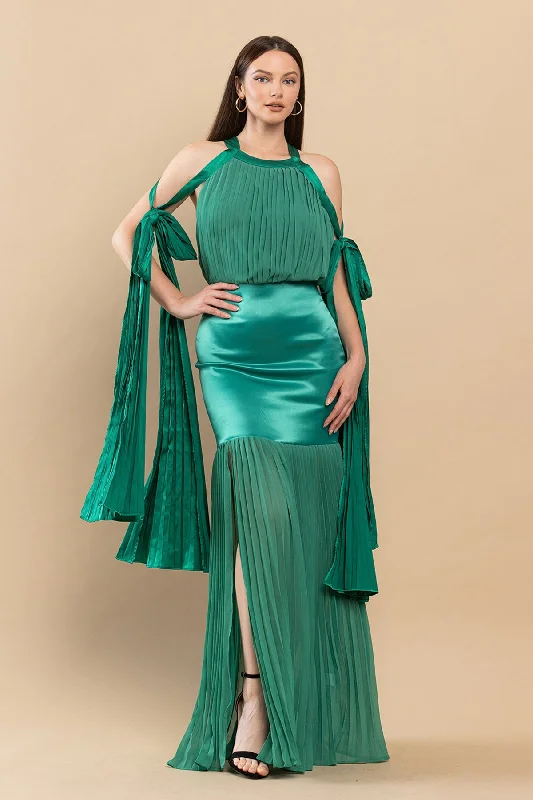 Long Mermaid Pleated Satin Maxi Dress A-line maxi dresses