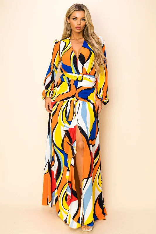 Long Printed Long Sleeve Slit Maxi Dress Corset maxi dresses