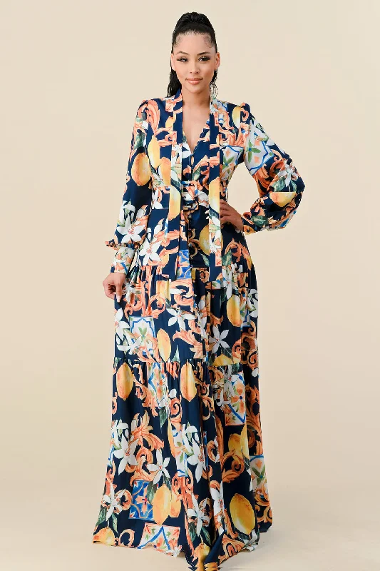 Long Sleeve V Neck Print Maxi Dress Cotton maxi dresses