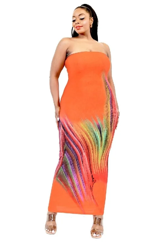 Plus Size Abstract Orange Maxi Dress Strapless maxi dresses