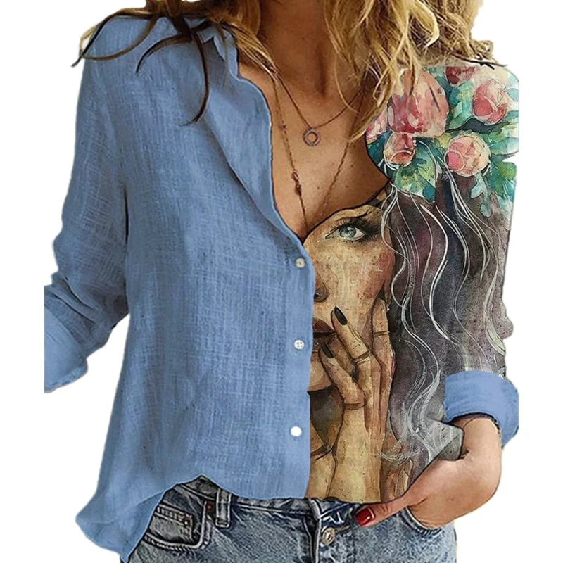 Fashion Retro Portrait Floral Print Women Shirt  Autumn Stitching Button Long Sleeve Cotton Linen Blouses Casual Street Lady Top Best floral dresses for curvy figures