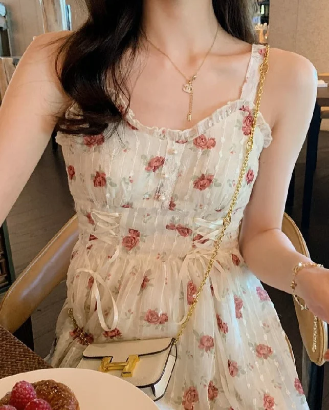 Floral Elegant Slip Dress Women Belt Designer Korean Fashion Party Dress Female Casual Vintage Chic Summer One-piece Dress Floral dresses under $50