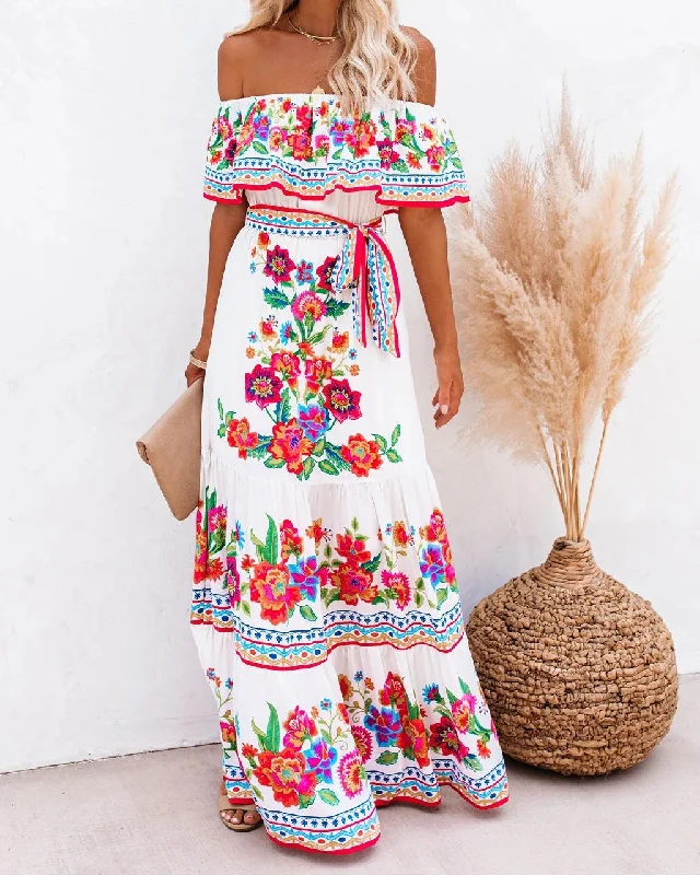 Summer New Shoulder Print Long Swing Dress Midi floral dresses